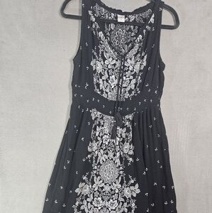 Bila Boho Vneck Sun Midi Dress Tank Floral Crinkle Cottage Ruffle Large Black